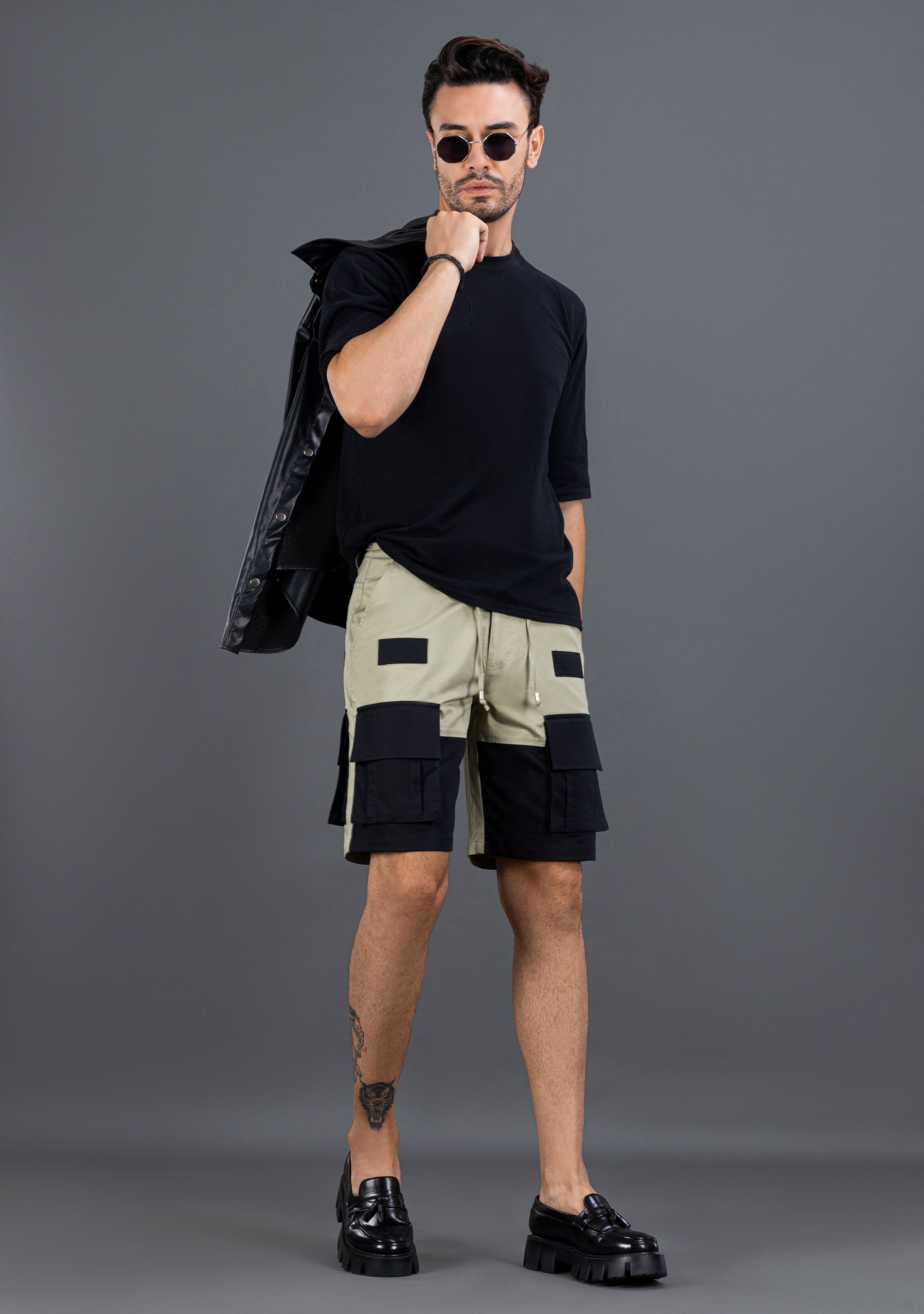 Black And Olive Regular Fit Rhysley Men's Cargo Shorts - Buy Online in ...