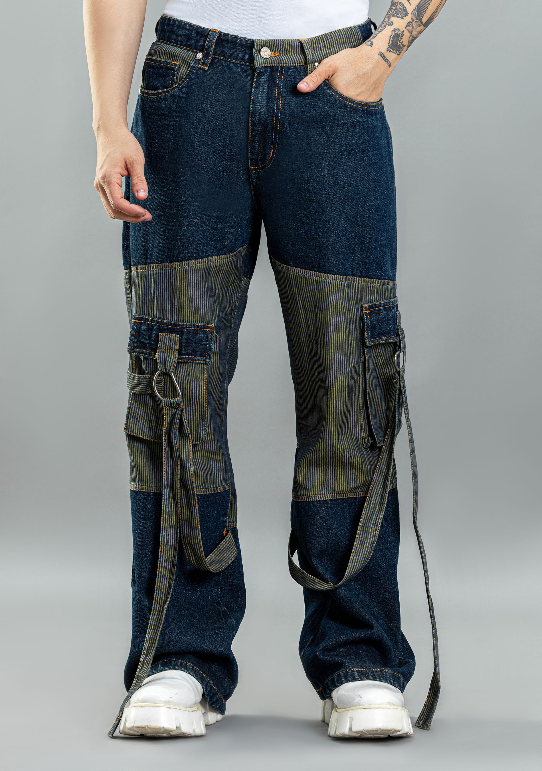 Blue Wide Leg Two Tone Panel Cargo Style Men's Jeans - Buy Online in ...
