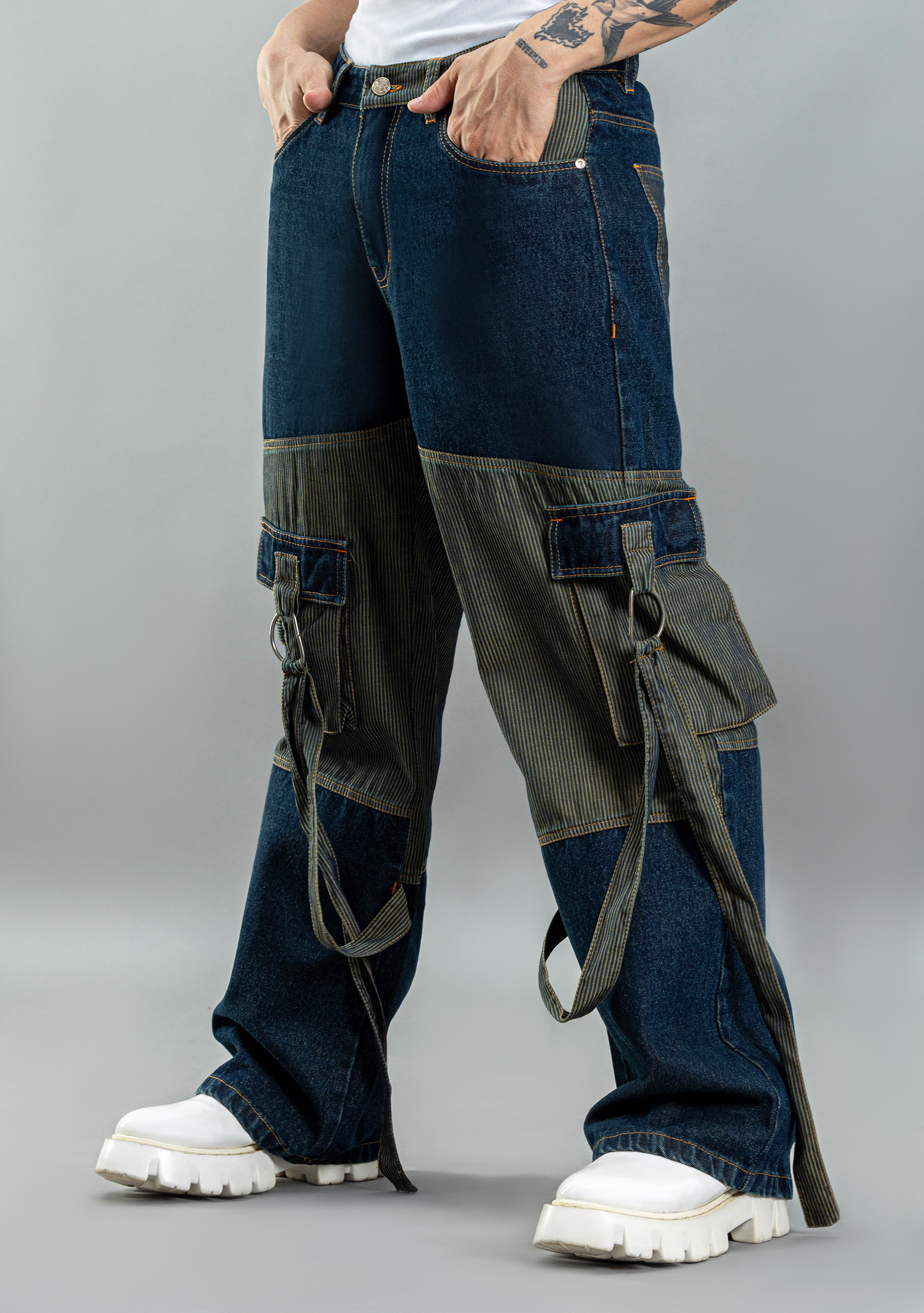 Blue Wide Leg Two Tone Panel Cargo Style Men's Jeans - Buy Online in ...