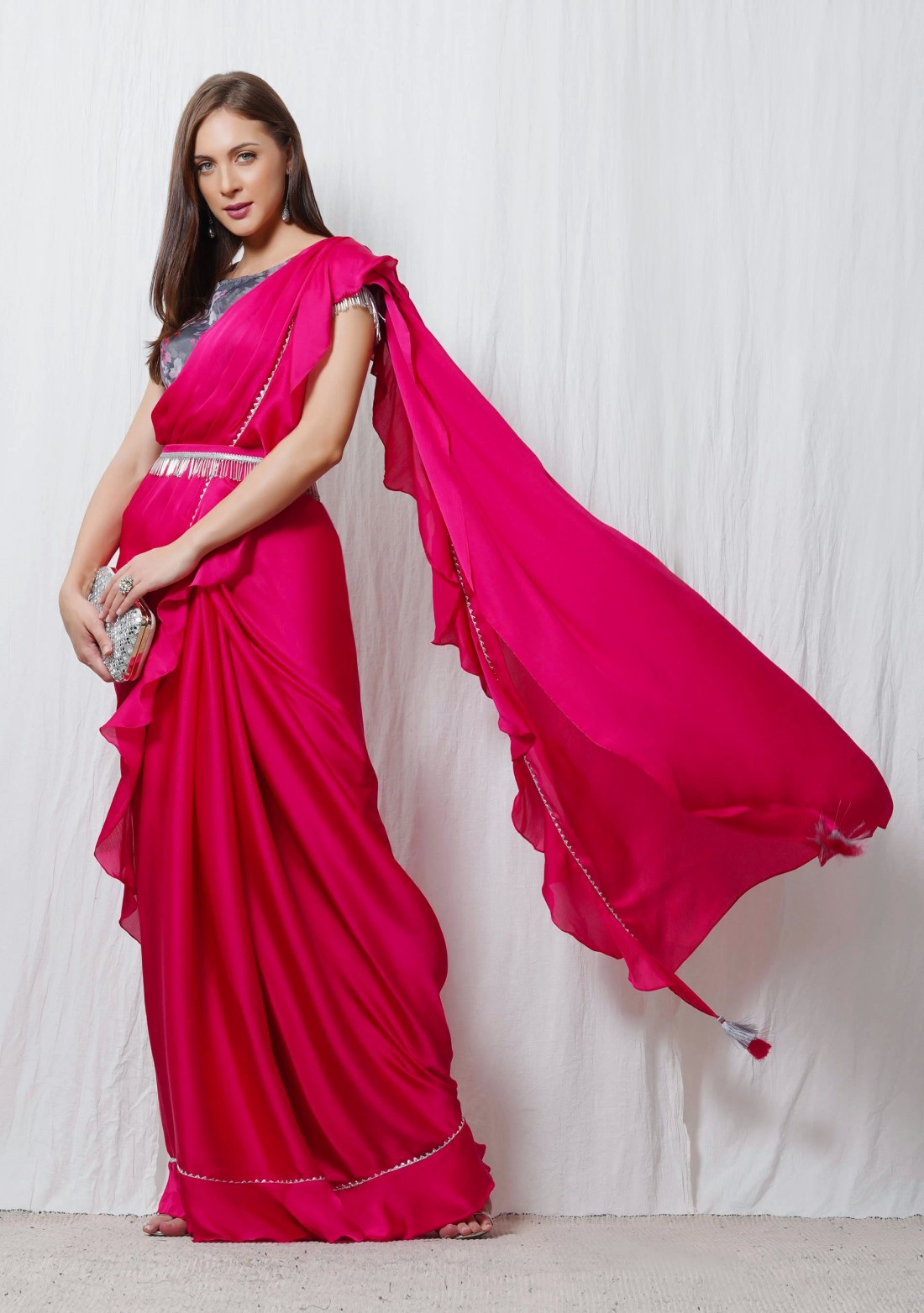 Hot Pink Satin Chiffon Ruffle Saree With Organza Printed Blouse - Buy ...