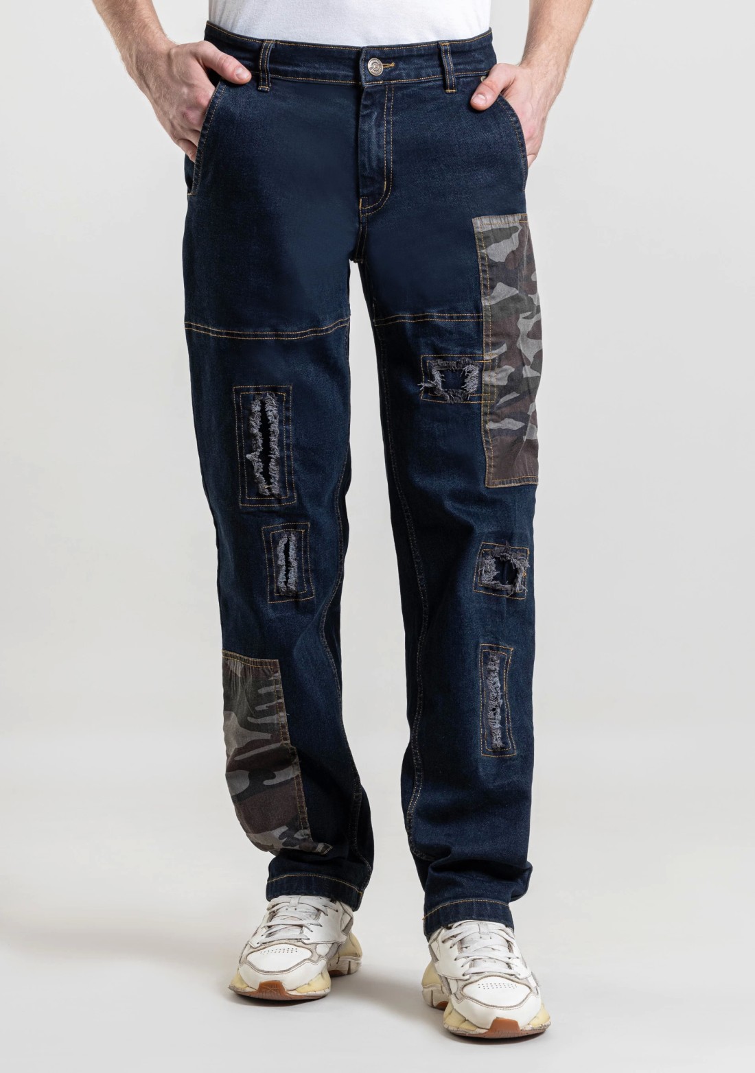 Dark Blue Straight Fit Men's Jeans With Camouflage Patch - Buy Online ...