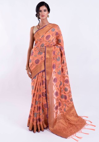Banarasi Cotton Silk Peach Saree with Multicolor Resham Floral Zaal & Zari Border