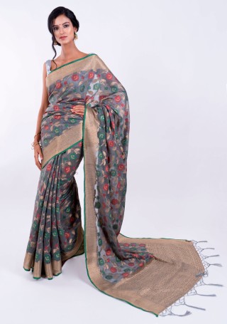 Banarasi Cotton Silk Deep Grey Saree with Multicolor Resham Floral Zaal & Zari Border