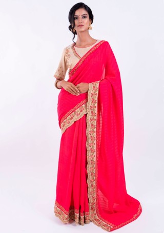 Hot Pink Self Textured Silk Saree with Embroidered Border