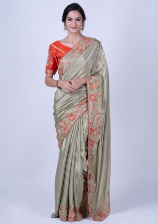 Embroidered Satin Silk Olive Green Saree with Blouse Piece