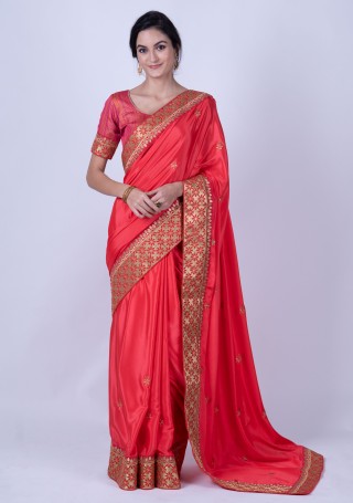 Red and Gold-Colored Satin Silk Embellished Saree