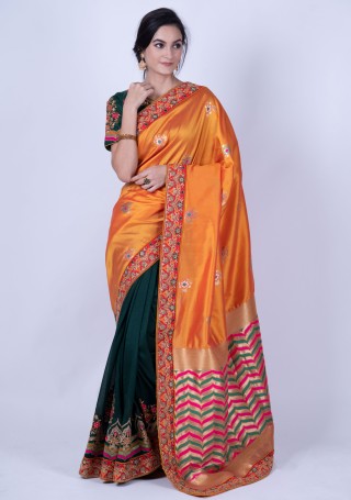 Orange and Green Embroidered Party Wear Saree