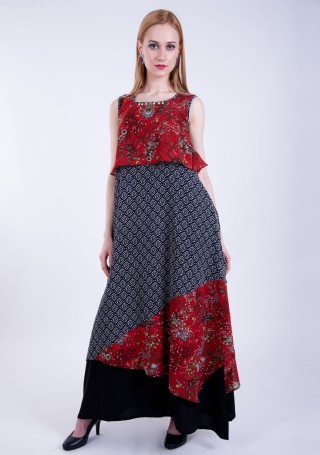 Maroon And Black A-line Georgette Printed Dress With Attached Cape ...