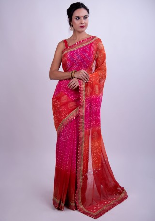 Hot Pink and Red Bandhej Foil Printed Georgette Saree