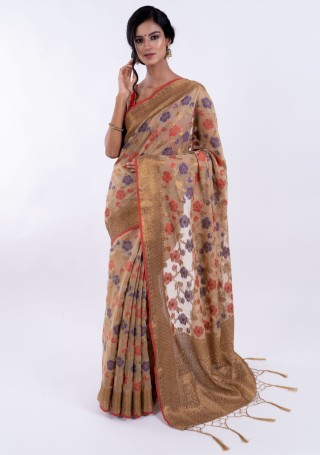Banarasi Cotton Silk Beige Saree with Multicolor Resham Floral Zaal & Zari Border