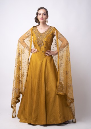 Mustard Heavy Embroidered Glamorous Gown with Dupatta