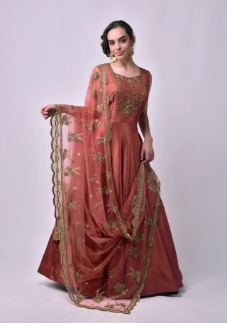 Rust Heavy Embroidered Glamorous Gown with Dupatta