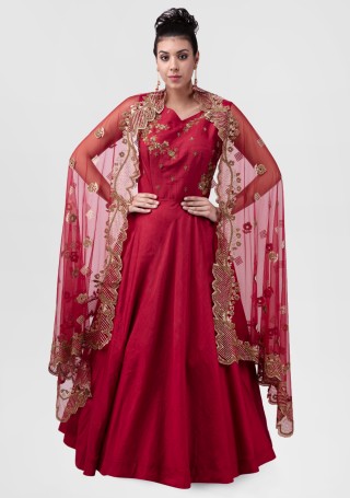 Red Embroidered Glamorous Gown with Dupatta
