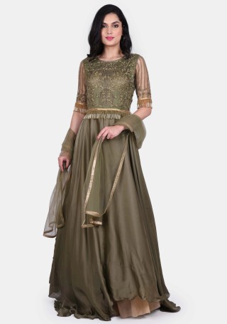 Dark Olive Green Embroidered Glamorous Gown with Dupatta