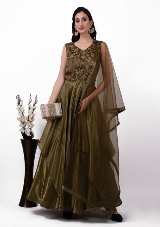 Olive Green Embroidered Glamorous Gown with Dupatta