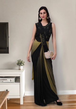 Olive Green Ready to Wear Embroidered Lycra Saree cum Gown