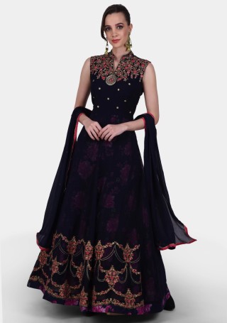 Beautiful Navy Blue Embroidered Flared Georgette Gown