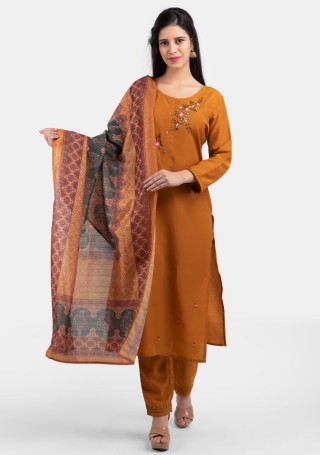 Mustard Chinnon Silk Digital Printed and Embroidered Suit