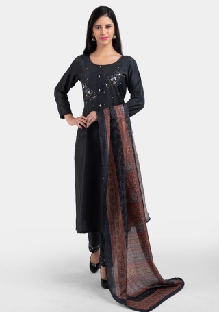 Charcoal Grey Chinnon Silk Digital Printed and Embroidered Suit