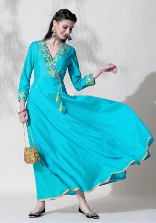 Turquoise Blue Silk Embroidered Long Flared Dress