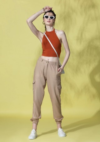 Beige Rayon Twill Relaxed Cargo Pants