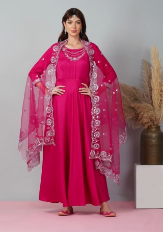 Magenta Pink Embroidered Silk Satin Gown with Dupatta