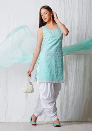 Sea Green Block Printed Cotton Dhoti Salwar Suit Set