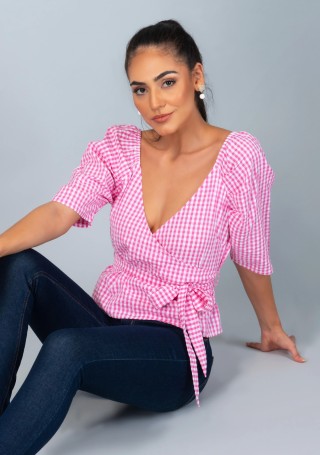 White and Pink Yarn Dyed Check Wrap Around Top