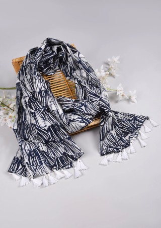 White & Navy Blue Printed Pure Cotton Voile Stole