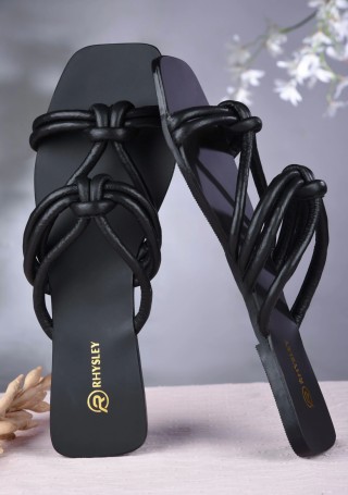 Black Leather Multi-Strap Ladies Flip-Flops