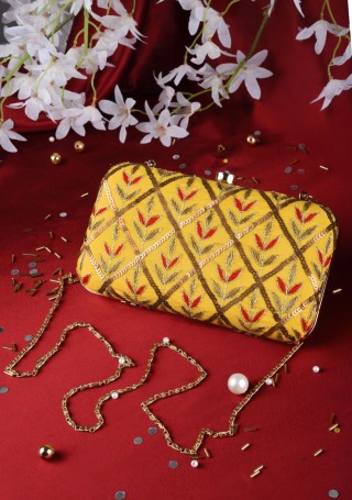 Yellow Silk Embroidered Clutch