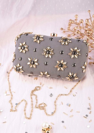 Grey Coloured Zircons Embroidered Clutch