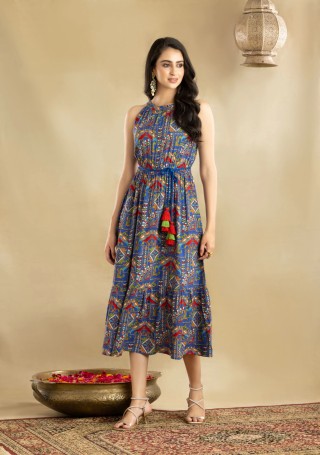 Ethnic Print Rayon Halter Neck Midi Dress