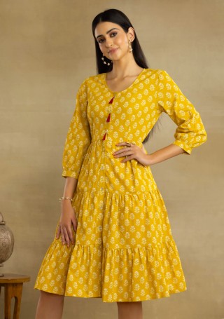 Mustard Yellow Motif Printed Tiered Cotton Dress