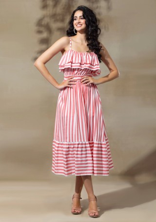 White & Peach Stripe Print Rayon Midi Dress