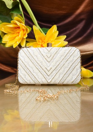White Pearl Beads & Zircon Hand Embroidered Clutch