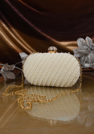 White Pearl Beads Hand Embroidered Clutch