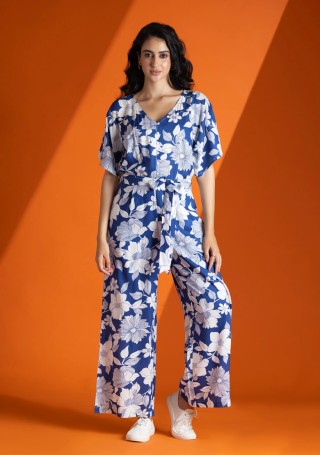 White and Blue Floral Print Rayon Jumpsuit