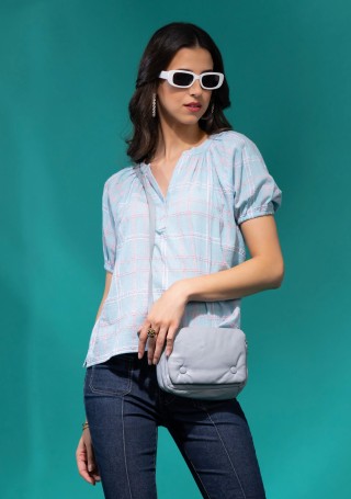 Light Blue Structured Check Crinkle Cotton Top