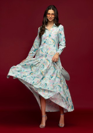Multi Colour Leaf Print Cotton Linen Loose Fit Maxi Dress