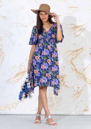 Lavender Colour Big Floral Print Rayon Asymmetrical Midi Dress