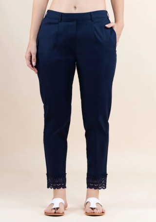 Navy Blue Cotton Lycra Narrow Hem Pants With Lace