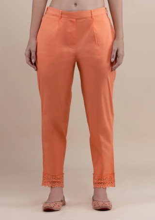 Peach Cotton Lycra Narrow Hem Pants With Lace