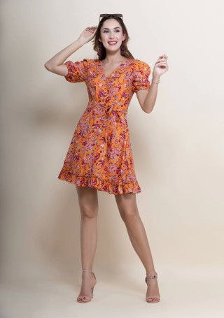 Oriental Print Rayon Wrap Around Mini Dress