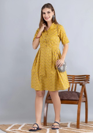 Yellow Printed Pure Cotton Fit & Flare  Dress