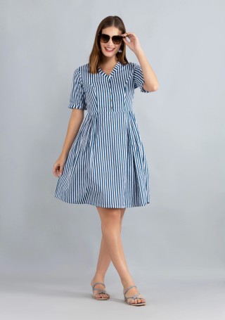 White & Blue Printed Pure Cotton Fit & Flare  Dress