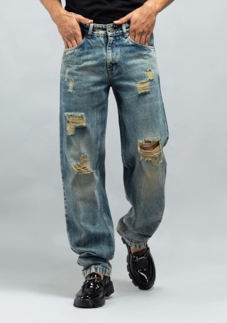 Greenish Blue Distressed Relaxed Fit Men