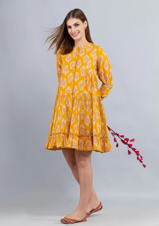 Yellow Paisley Printed Pure Cotton Gathered Dress