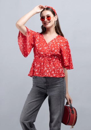 Red Ditsy Floral Print Wrap Peplum Top