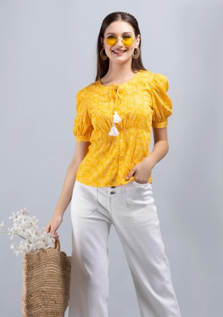Yellow Colour Abstract Print Crepe Top